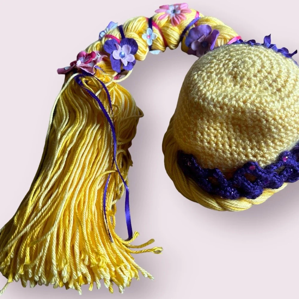 Kids Handmade Rupunzel Crocheted Yarn Wig Dress Up Costume Halloween